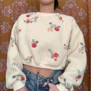 UO Sherpa Floral Embroidered Crewneck